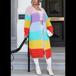 PLUS SIZE STRIPED RIBBED KNIT OPEN FRONT DUSTER CARDIGAN
